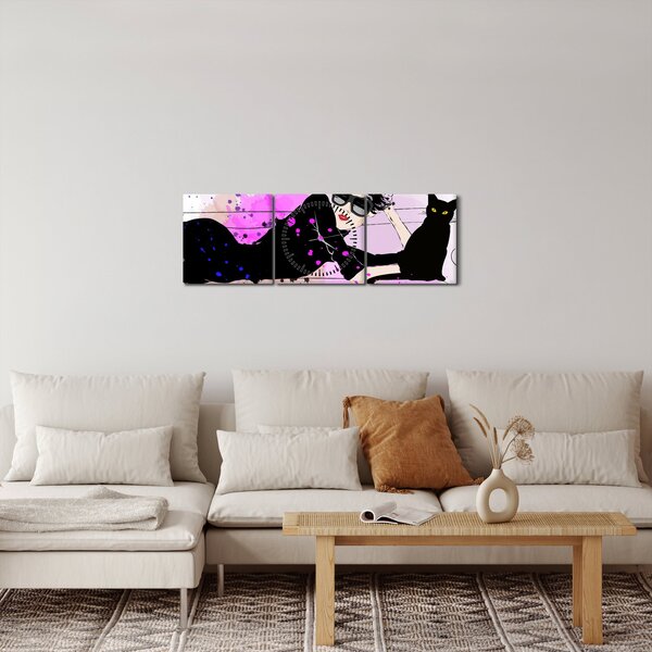 Tablou - Femeia cu pisică neagră (cu ceas) (90x30 cm)