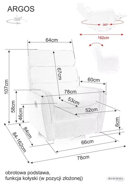 Fotoliu recliner ARGOS, stofa clasica gri - Raven 07, 78x82/162x107 cm