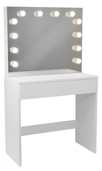 Set Muna, Masă de toaletă pentru machiaj cu oglindă iluminată LED, sertar, Alb