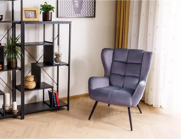 Fotoliu LOUIS, stofa catifelata gri - Bluvel 14, 75x87x91 cm