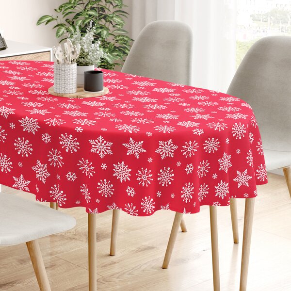 Goldea față de masă 100% bumbac - model de crăciun - fulgi de zăpadă pe roșu - ovală 80 x 140 cm
