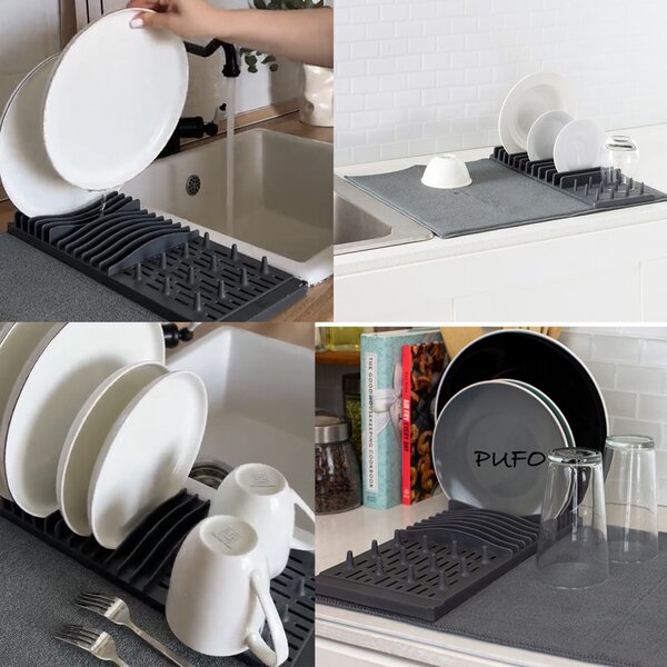 Suport Pufo pentru scurs vase cu servet absorbant, 51 x 41 cm, gri