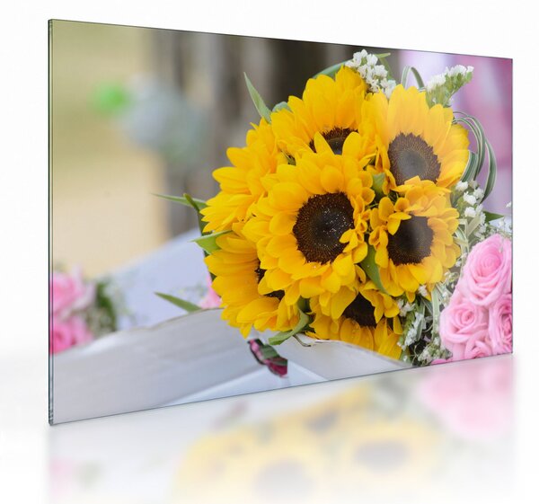 Tablou pe sticlă cu buchetul miresii de floarea soarelui (70x50 cm)