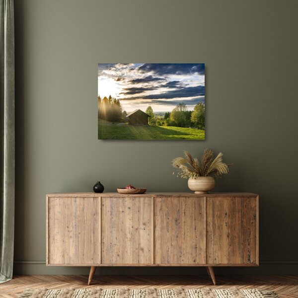Tablou pe sticlă cabana în pădure (70x50 cm)