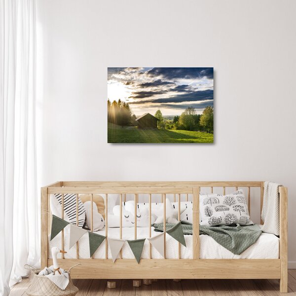 Tablou pe sticlă cabana în pădure (70x50 cm)