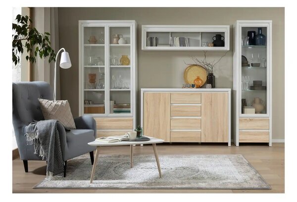 Vitrina suspendata KASPIAN, alb/stejar sonoma, PAL/sticla, 144x31x40 c