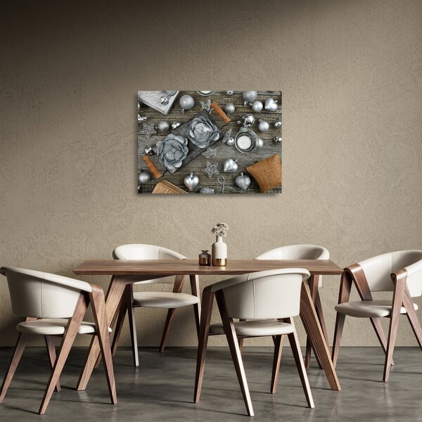 Tablou pe sticlă - decorațiuni argintii de Crăciun (70x50 cm)