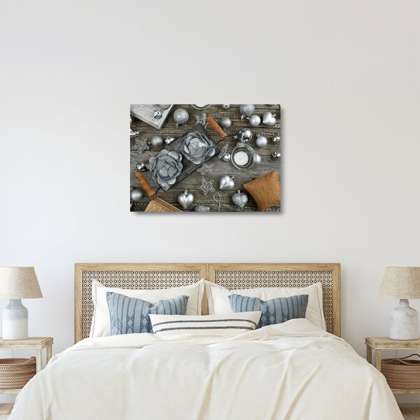 Tablou pe sticlă - decorațiuni argintii de Crăciun (70x50 cm)