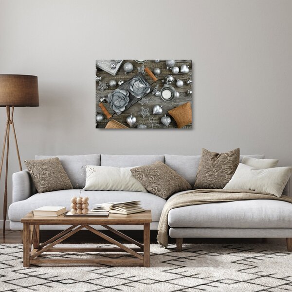 Tablou pe sticlă - decorațiuni argintii de Crăciun (70x50 cm)