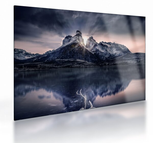 Tablou pe sticlă lacul cu munte (70x50 cm)