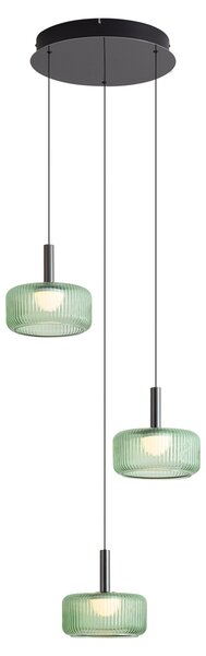 Lampă suspendată de design gunmetal cu sticlă verde, inclusiv LED reglabil în 3 trepte, 3 lumini cu sistem Easylift - Fiera