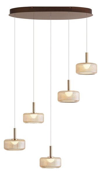 Lampă suspendată de design auriu roz cu sticlă chihlimbarie, inclusiv LED reglabil în 3 trepte, cu 5 lumini Easylift - Fiera