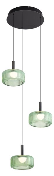 Lampă suspendată de design gunmetal cu sticlă verde, inclusiv LED reglabil în 3 trepte, 3 lumini cu sistem Easylift - Fiera