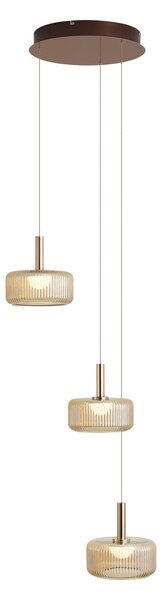 Lampă suspendată de design Fiera, aur rozaliu, cu sticlă chihlimbarie, LED inclus, reglabilă în 3 trepte, 3 lumini, Easylift