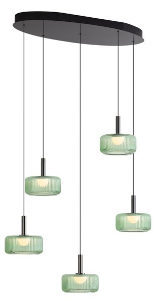 Fiera Designer Pendant Lamp: Gunmetal Finish with Green Glass, Integrated LED, 3-Step Dimmable, 5-Light Easylift