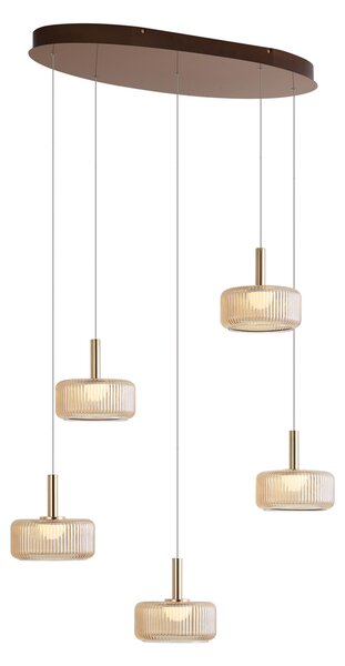 Lampă suspendată de design auriu roz cu sticlă chihlimbarie, inclusiv LED reglabil în 3 trepte, cu 5 lumini Easylift - Fiera