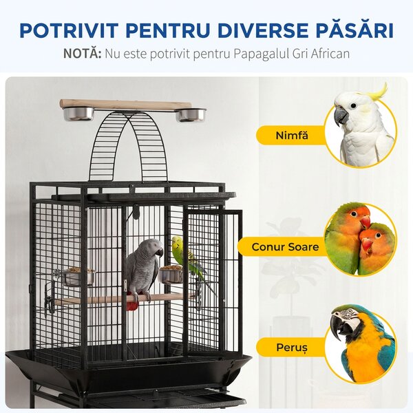 PawHut Colivie pentru Perusi cu 2 Stinghii de Lemn si Scara Acuita, Cusca pentru Pasari din Otel cu Intrari Multiple, 62.5x62.5x156 cm, Gri