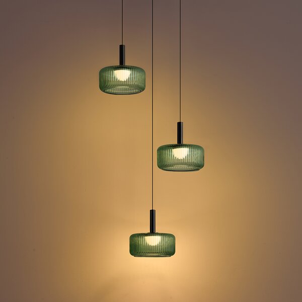 Lampă suspendată de design gunmetal cu sticlă verde, inclusiv LED reglabil în 3 trepte, 3 lumini cu sistem Easylift - Fiera
