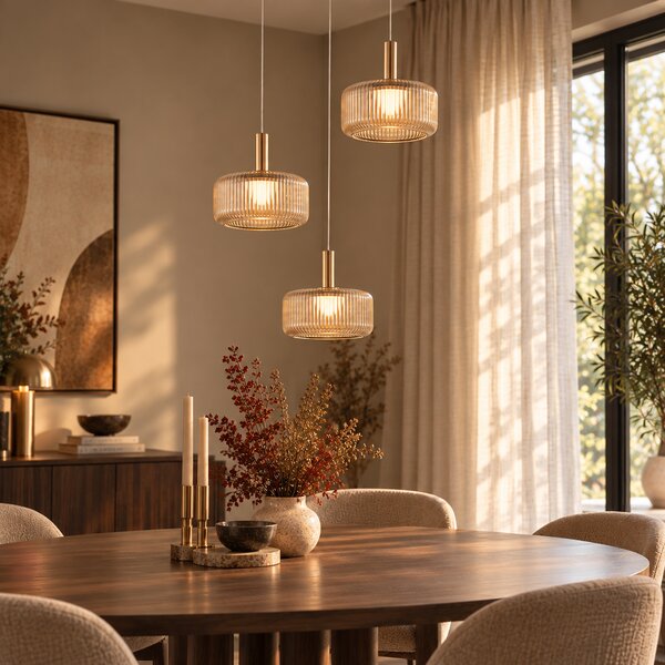 Lampă suspendată de design Fiera, aur rozaliu, cu sticlă chihlimbarie, LED inclus, reglabilă în 3 trepte, 3 lumini, Easylift