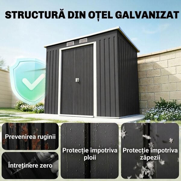 Outsunny Adăpost de Grădină Metalic în Alipire cu Kit de Fundație, Ușă Dublă, Ventilații și Acoperiș Înclinat, Gri | Aosom Romania