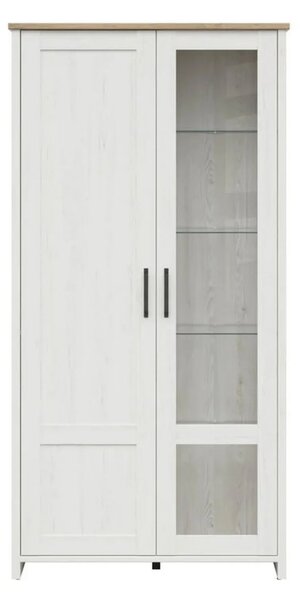Vitrina LOKSA, pin alb/stejar grandson, PAL laminat, cu iluminare LED