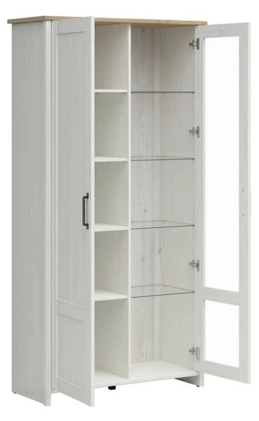Vitrina LOKSA, pin alb/stejar grandson, PAL laminat, cu iluminare LED