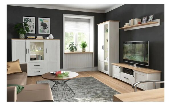 Vitrina LOKSA, alb/stejar, PAL laminat/sticla, cu iluminare LED, 160x4