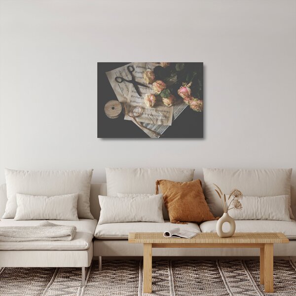 Tablou pe sticlă cu note muzicale și trandafiri (70x50 cm)