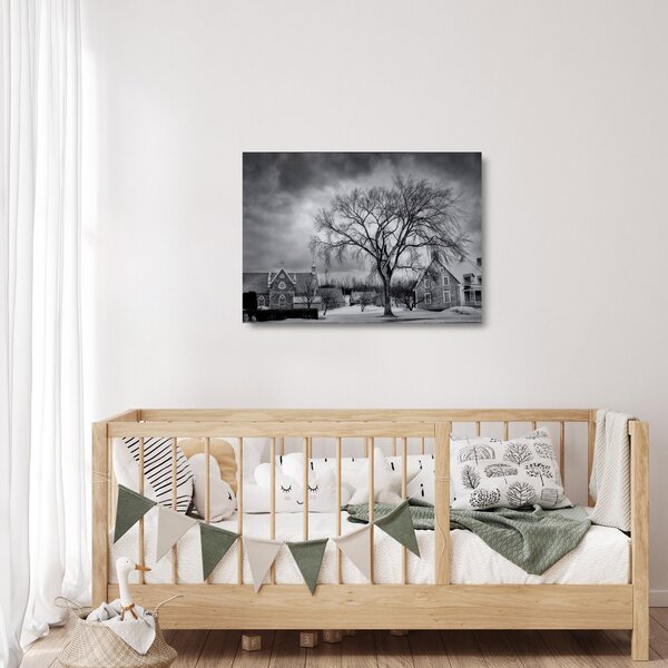 Tablou pe sticlă cu sat alb negru (70x50 cm)