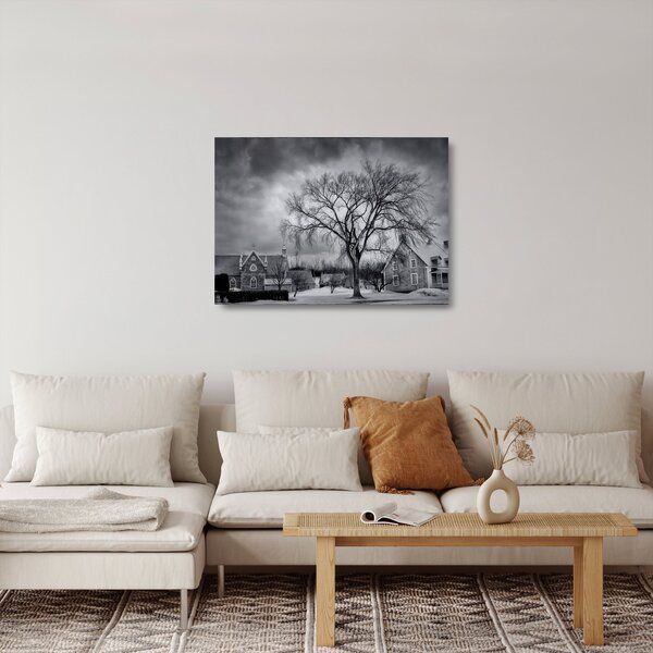 Tablou pe sticlă cu sat alb negru (70x50 cm)