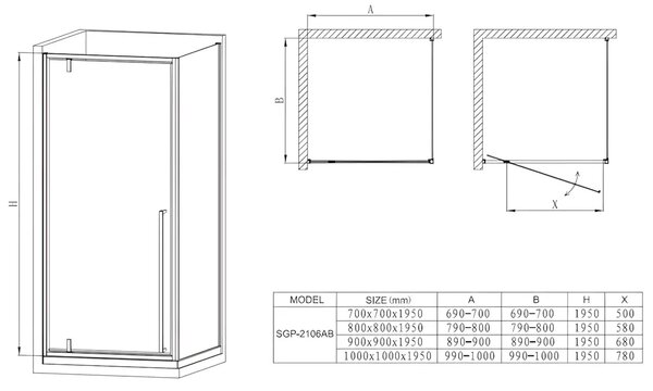 Cabina de dus BR6614CA 90X90cm, Patrata, Sticla Securizata 6mm, Profil Aluminiu Negru