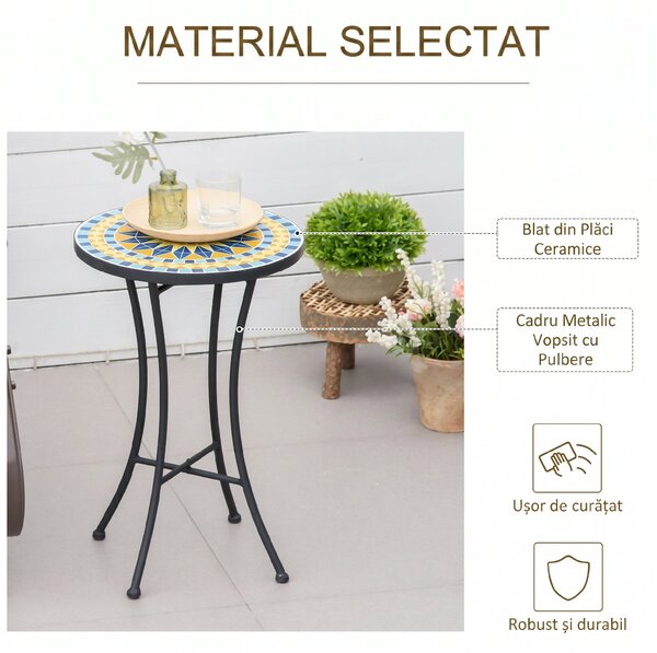 Outsunny Masuta de Gradina din Metal cu Blat din Mozaic Ceramic, Ф35.5x53.5cm, Multicolor | Aosom Romania