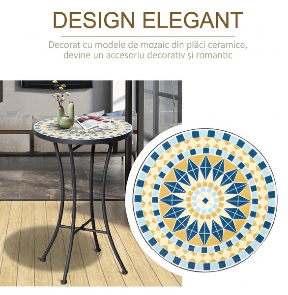 Outsunny Masuta de Gradina din Metal cu Blat din Mozaic Ceramic, Ф35.5x53.5cm, Multicolor | Aosom Romania