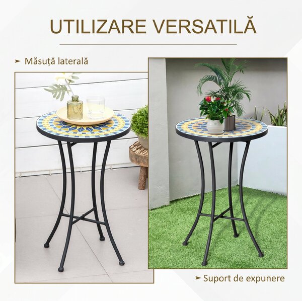 Outsunny Masuta de Gradina din Metal cu Blat din Mozaic Ceramic, Ф35.5x53.5cm, Multicolor | Aosom Romania