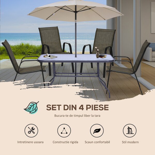 Outsunny Set 4 Piese Scaune de Gradina cu Cotiere, Scaune de Exterior Stivuibile din Metal si Tesatura Respirabila, Maro