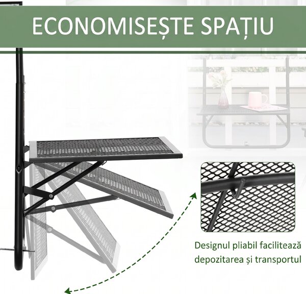 Outsunny Masă Pliabilă pentru Balustradă sau Balcon, din Metal, Reglabilă în Înălțime, 60x60x57-72cm, Negru | Aosom Romania