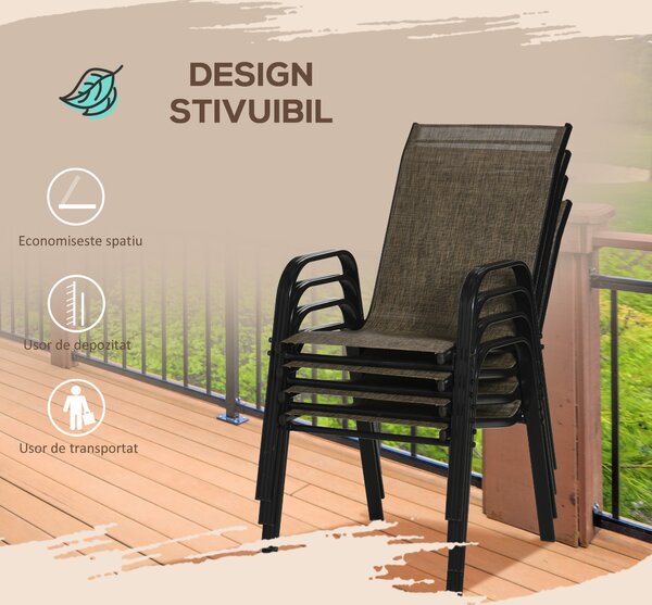 Outsunny Set 4 Piese Scaune de Gradina cu Cotiere, Scaune de Exterior Stivuibile din Metal si Tesatura Respirabila, Maro