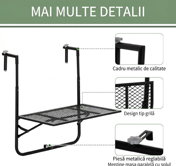Outsunny Masă Pliabilă pentru Balustradă sau Balcon, din Metal, Reglabilă în Înălțime, 60x60x57-72cm, Negru | Aosom Romania