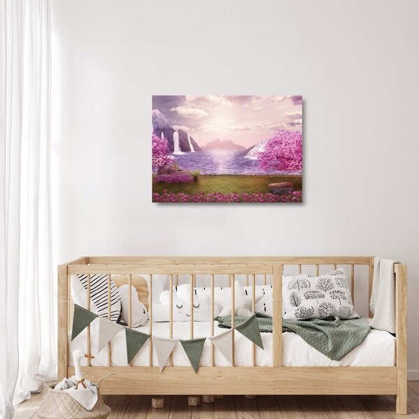 Tablou pe sticlă cu pomi roz cu lac (70x50 cm)