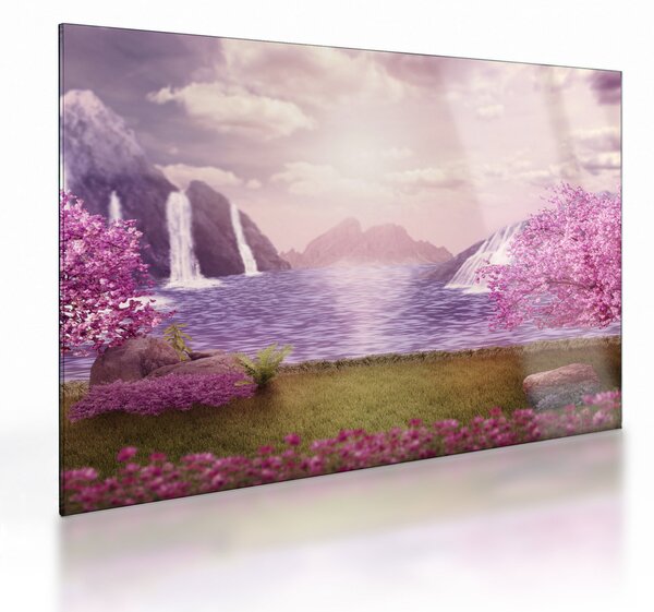 Tablou pe sticlă cu pomi roz cu lac (70x50 cm)