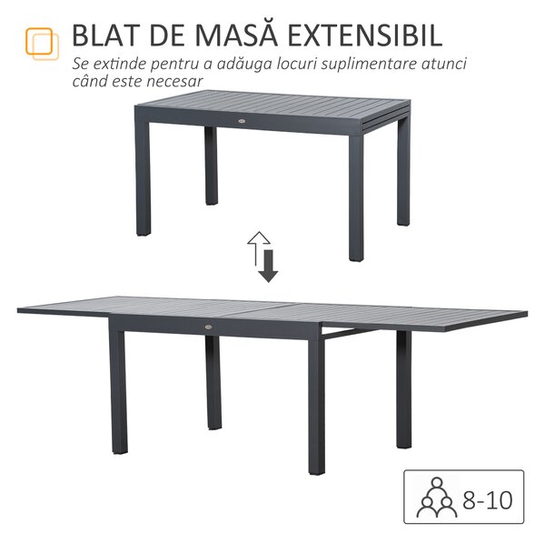 Masa de Gradina Extensibila Outsunny pentru 8-10 Persoane cu Structura din Aluminiu, 135-270x90x75cm, Gri | Aosom Romania