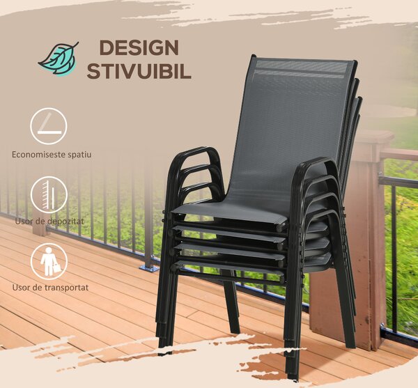 Outsunny Set de 4 Scaune de Grădină Stivuibile, Scaune de Exterior cu Cotiere din Metal și Țesătură Respirabilă, 54x75.5x95 cm, Gri | Aosom Romania
