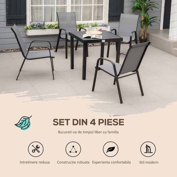 Outsunny Set de 4 Scaune de Grădină Stivuibile, Scaune de Exterior cu Cotiere din Metal și Țesătură Respirabilă, 54x75.5x95 cm, Gri | Aosom Romania