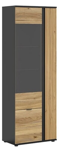 Vitrina LUEN, stejar/negru, PAL laminat/sticla securizata, cu 3 usi, 7