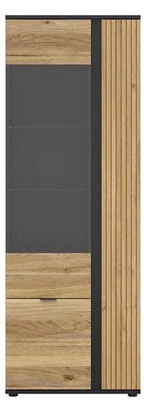 Vitrina LUEN, stejar/negru, PAL laminat/sticla securizata, cu 3 usi, 7