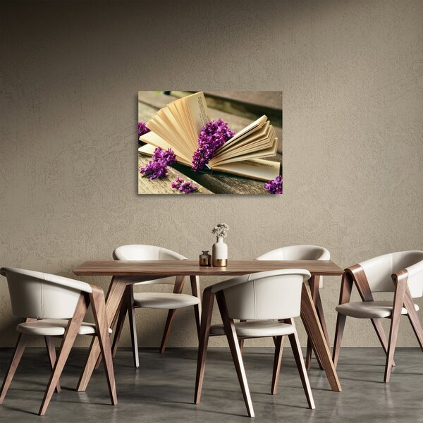 Tablou pe sticlă cu carte și floare violetă (70x50 cm)