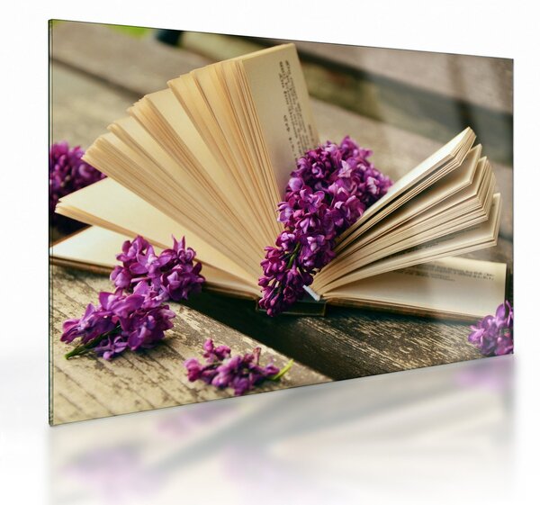 Tablou pe sticlă cu carte și floare violetă (70x50 cm)