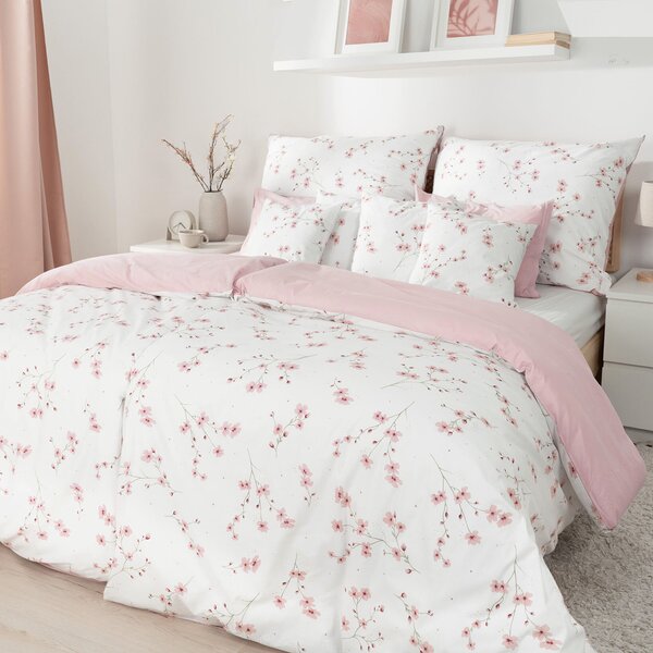 Goldea lenjerie de pat din 100% bumbac duo - sakura înflorită cu roz pudră 200 x 220 și 2buc 50 x 70 cm