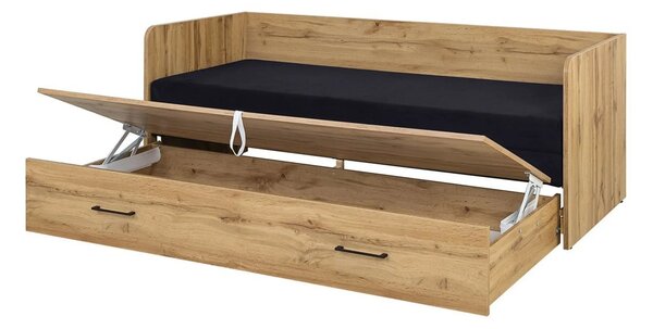 Pat TETRIX 80/160x200, stejar wotan/negru, PAL/stofa, cu saltea extens