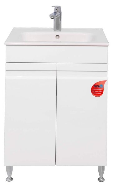 Mobilier Baie Mdf alb cu 2 usi, manere frezate si polita +lavoar 60 cm